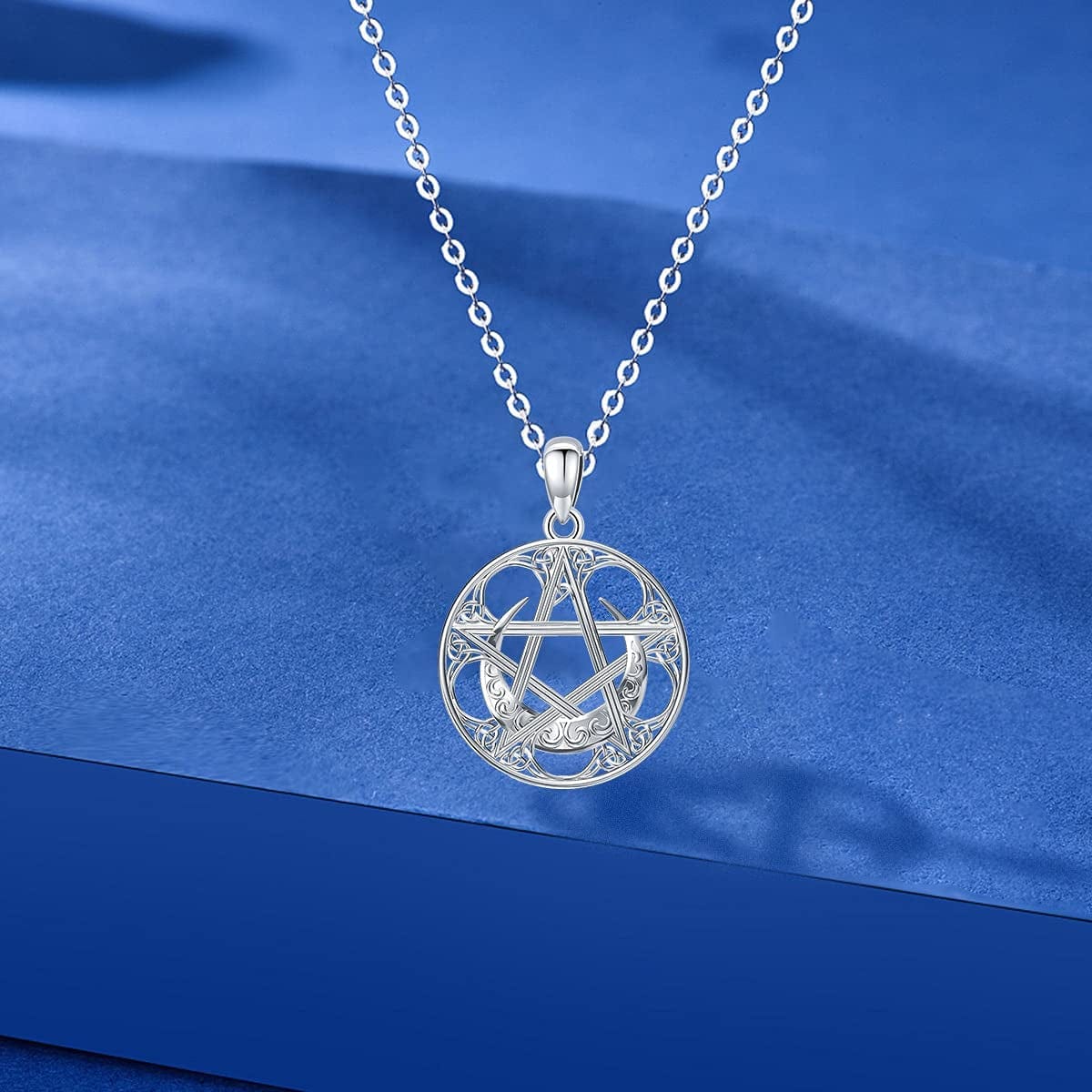 Swanwave Triple Moon Goddess/Pentagram Necklace Sterling Silver Pentacle Moon Celtic Knot Amulet Pendant Necklace for Women Men