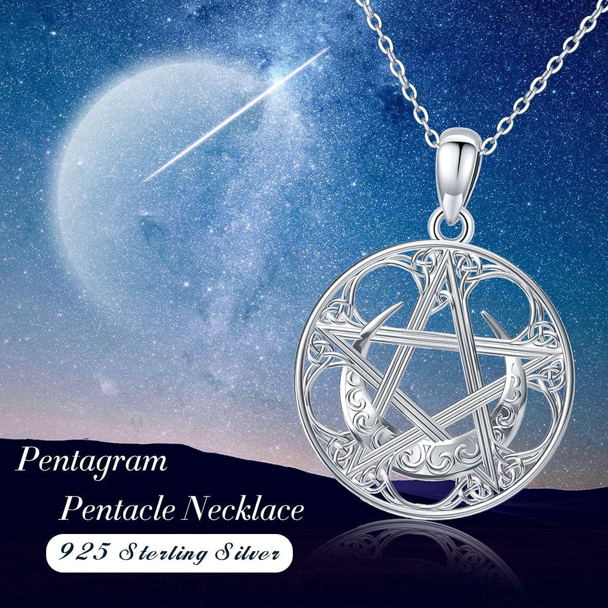 Swanwave Triple Moon Goddess/Pentagram Necklace Sterling Silver Pentacle Moon Celtic Knot Amulet Pendant Necklace for Women Men