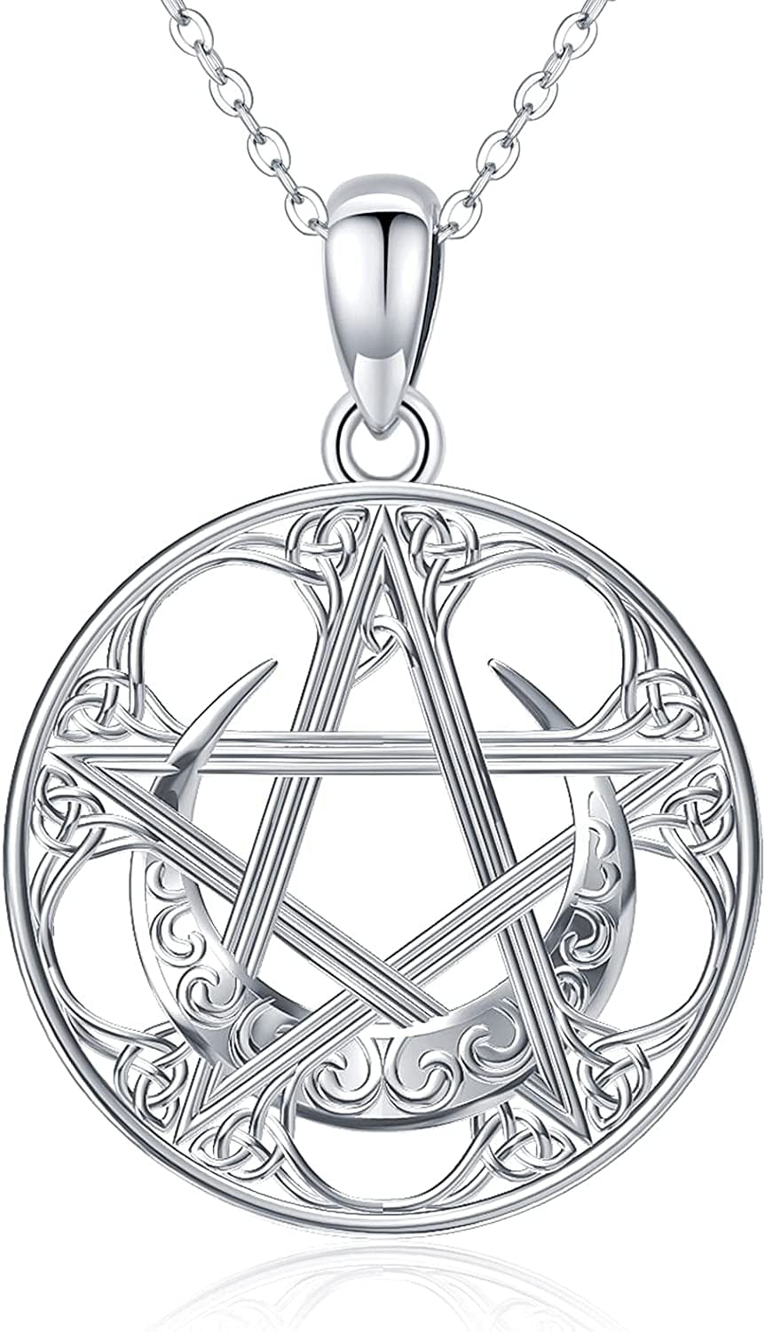 Swanwave Triple Moon Goddess/Pentagram Necklace Sterling Silver Pentacle Moon Celtic Knot Amulet Pendant Necklace for Women Men Pentagram Necklace