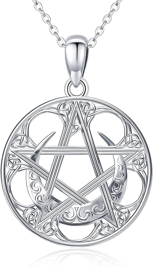 Swanwave Triple Moon Goddess/Pentagram Necklace Sterling Silver Pentacle Moon Celtic Knot Amulet Pendant Necklace for Women Men Pentagram Necklace