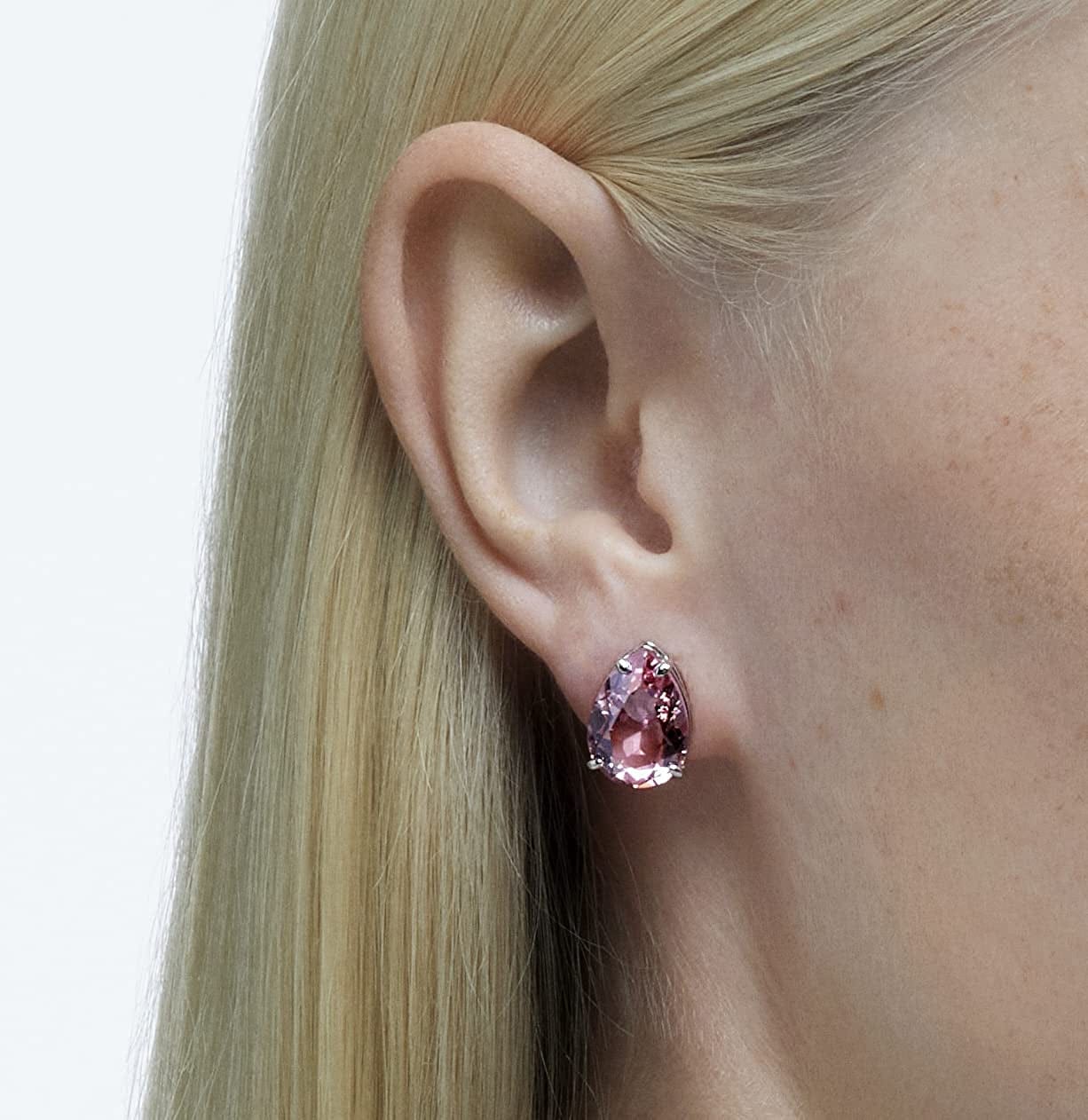 Swarovski Gema Stud Pierced Earrings, with Pink Teardrop Cut Swarovski Crystal on Rhodium-Finish Setting, Part of the Swarovski Gema Collection