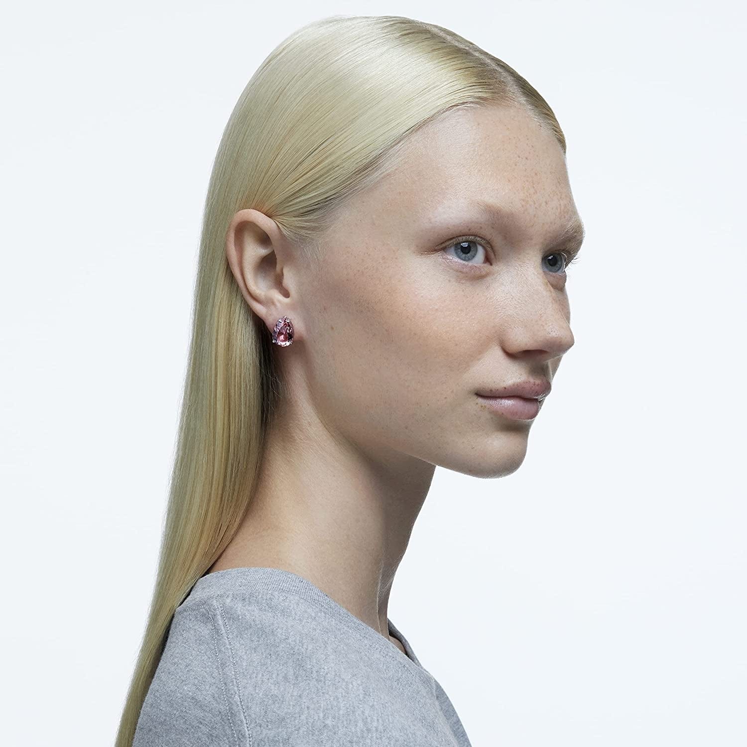 Swarovski Gema Stud Pierced Earrings, with Pink Teardrop Cut Swarovski Crystal on Rhodium-Finish Setting, Part of the Swarovski Gema Collection