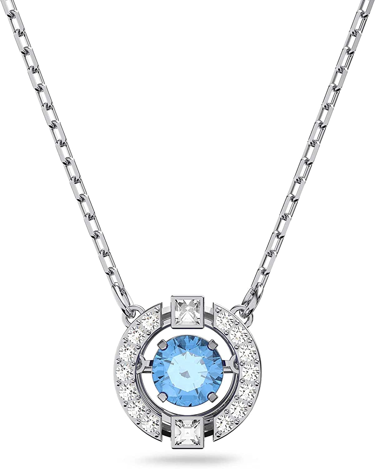 Swarovski Sparkling Dance round Jewelry Collection, Rhodium Finish, Blue Crystals, Clear Crystals Round Necklace - Blue/Clear Crystals