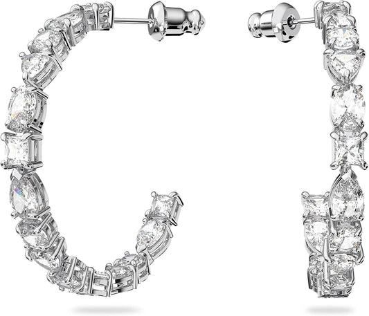 Swarovski Tennis Deluxe Jewelry Collection, Rhodium & Rose Gold Tone Finish, Clear Crystals Hoop Earrings - Rhodium Tone