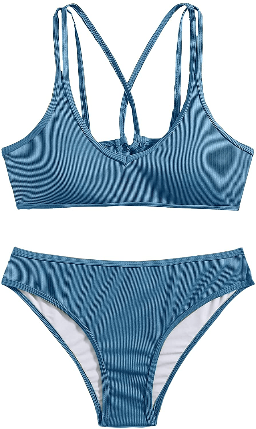SweatyRocks Women's Bathing Suits Spaghetti Strap Criss Cross Back Bikini Ribbed Swimsuit Apparel & Accessories > Clothing > Swimwear SweatyRocks Haze Blue Small