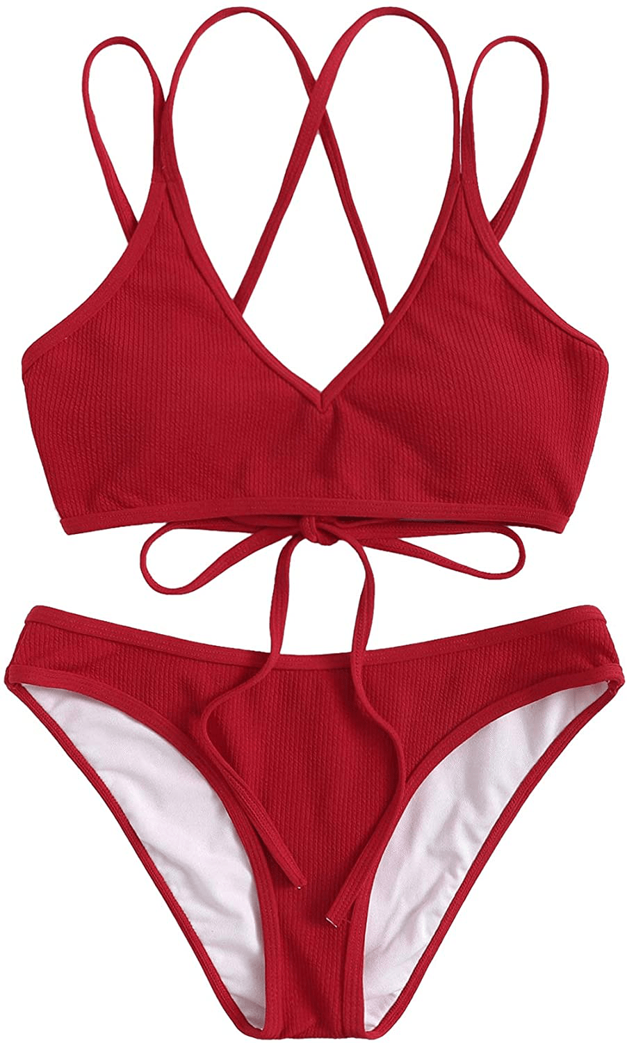 SweatyRocks Women's Bathing Suits Spaghetti Strap Criss Cross Back Bikini Ribbed Swimsuit Apparel & Accessories > Clothing > Swimwear SweatyRocks Red Large