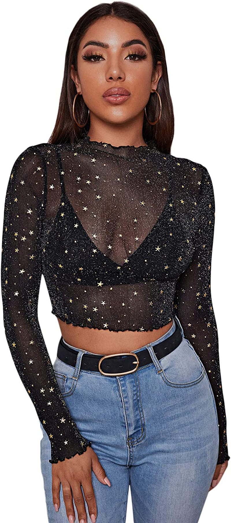 Sweatyrocks Women'S Long Sleeve Mock Neck Angel Print Sexy Sheer Mesh Crop Top Black Star / X-Small