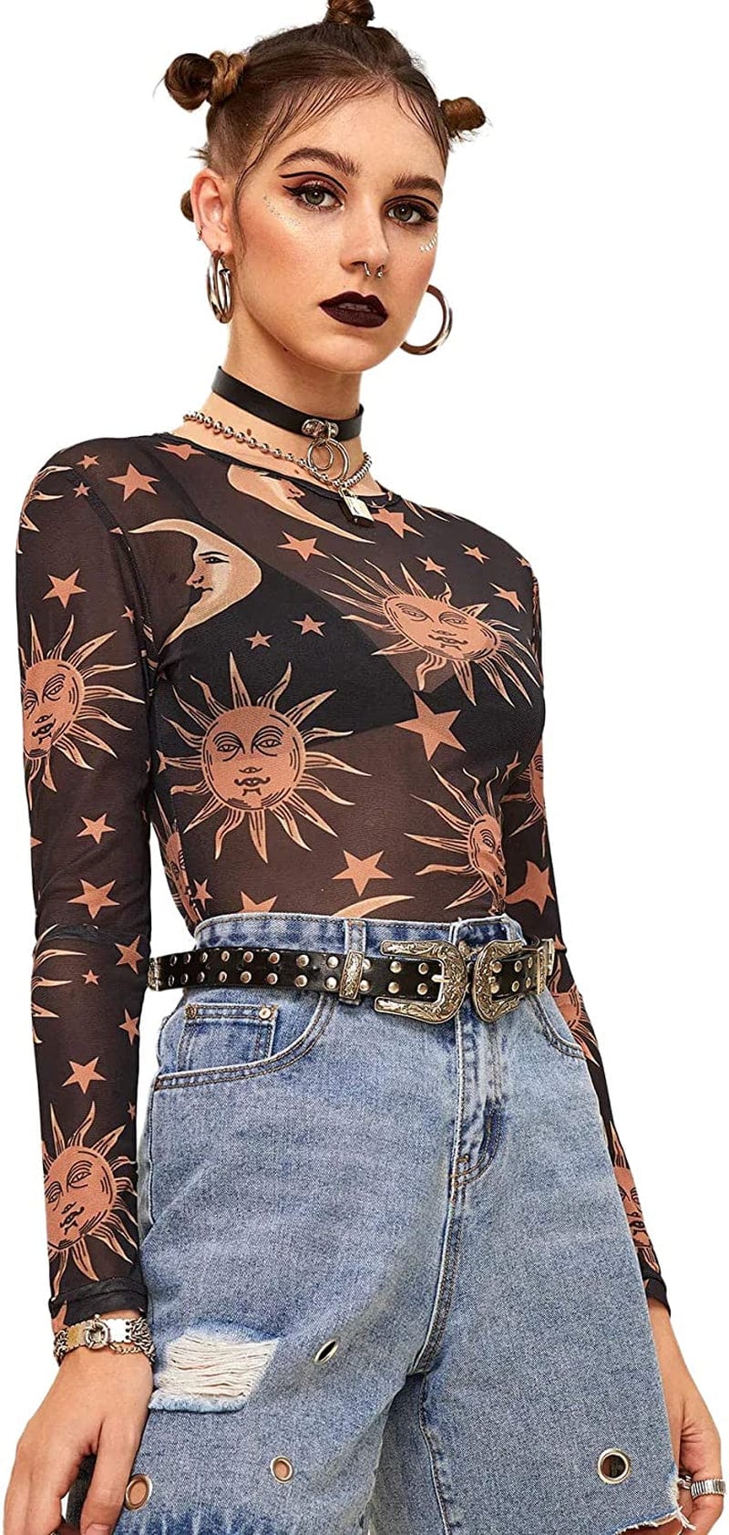 Sweatyrocks Women'S Long Sleeve Mock Neck Angel Print Sexy Sheer Mesh Crop Top # Black / Large