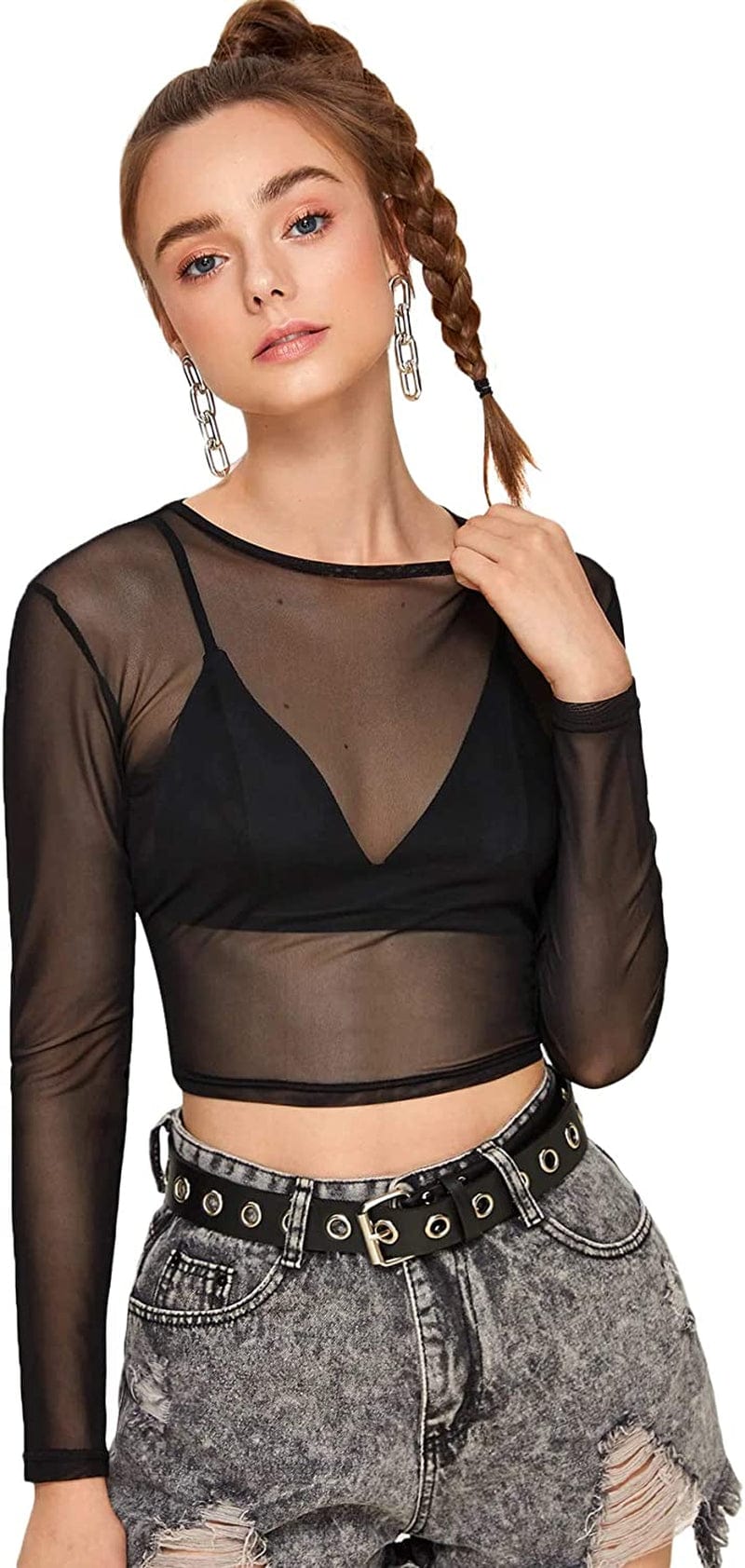 Sweatyrocks Women'S Long Sleeve Mock Neck Angel Print Sexy Sheer Mesh Crop Top Black #3 / Medium