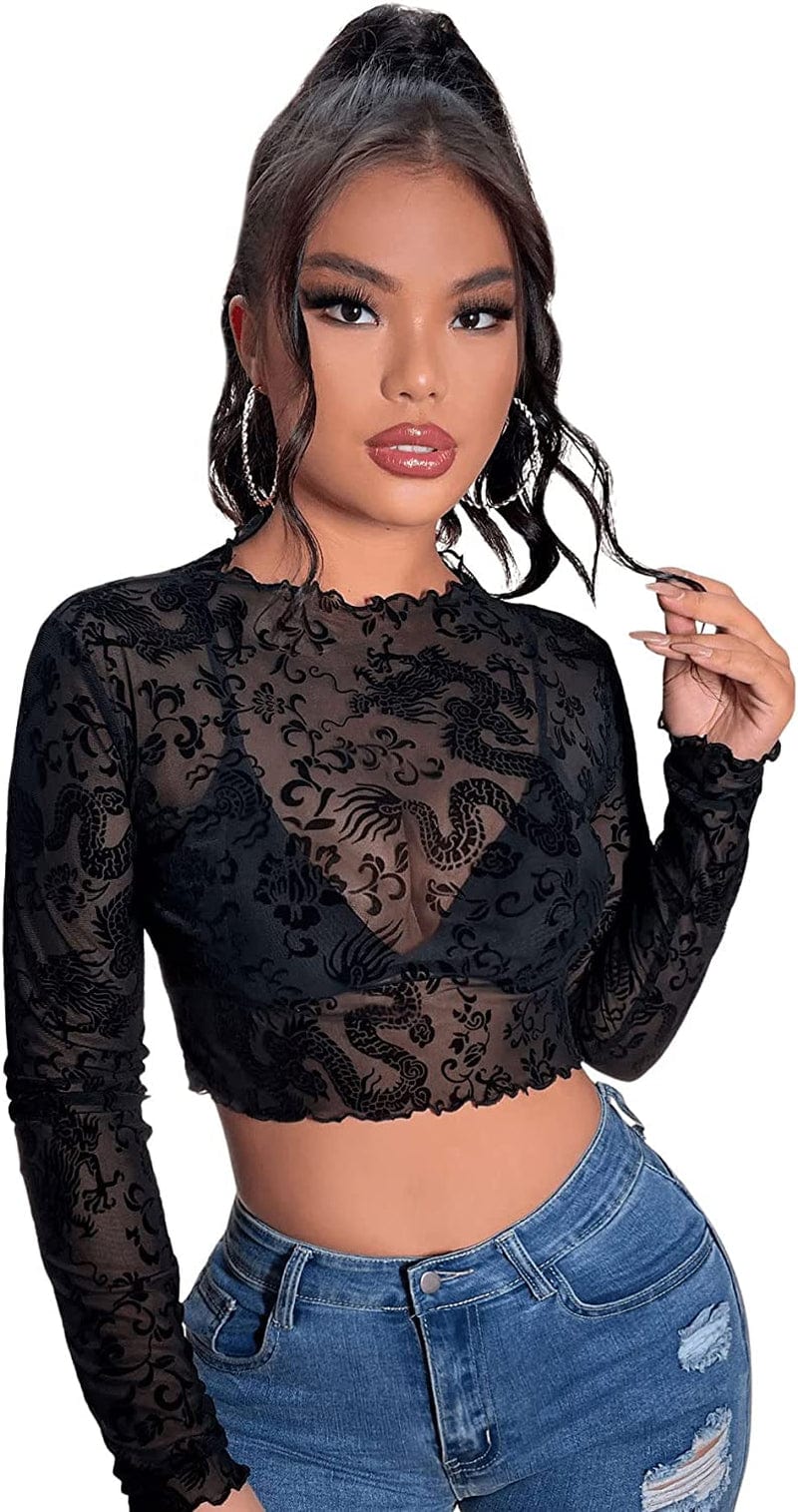 Sweatyrocks Women'S Long Sleeve Mock Neck Angel Print Sexy Sheer Mesh Crop Top Dragon Black / X-Small
