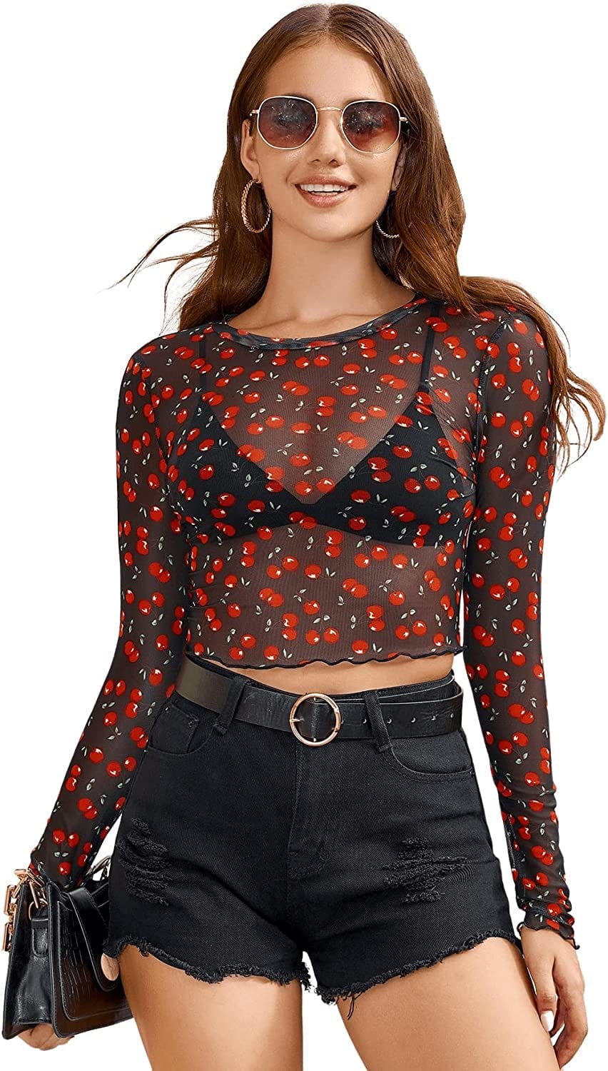 Sweatyrocks Women'S Long Sleeve Mock Neck Angel Print Sexy Sheer Mesh Crop Top Black Cherry / X-Small