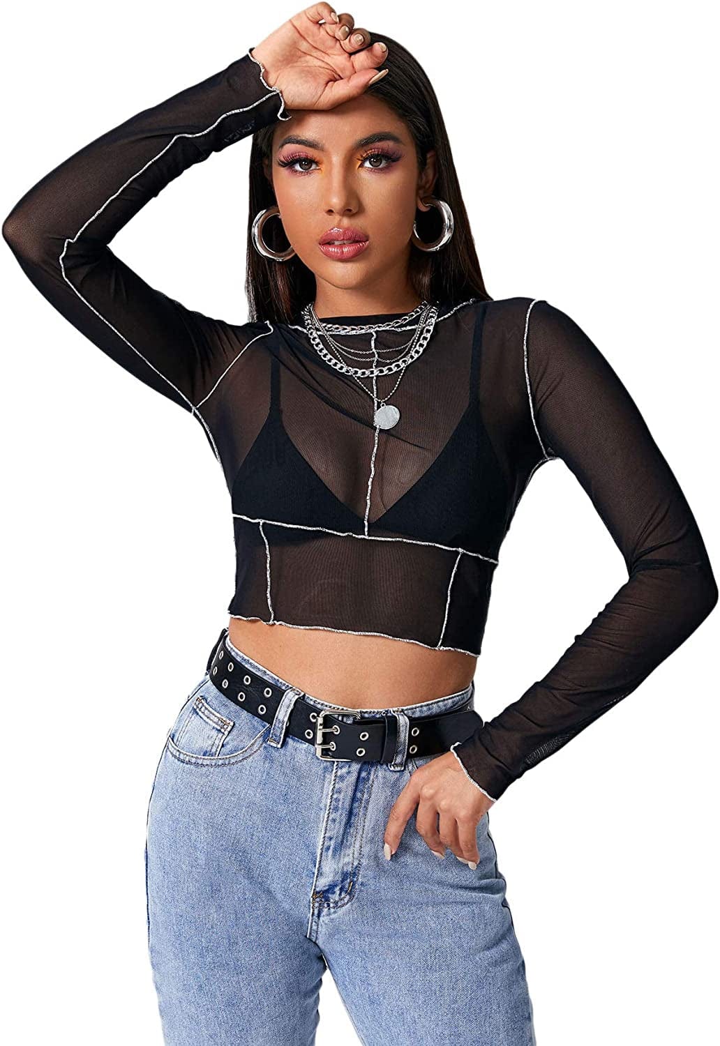 Sweatyrocks Women'S Long Sleeve Mock Neck Angel Print Sexy Sheer Mesh Crop Top Black Mesh / Large