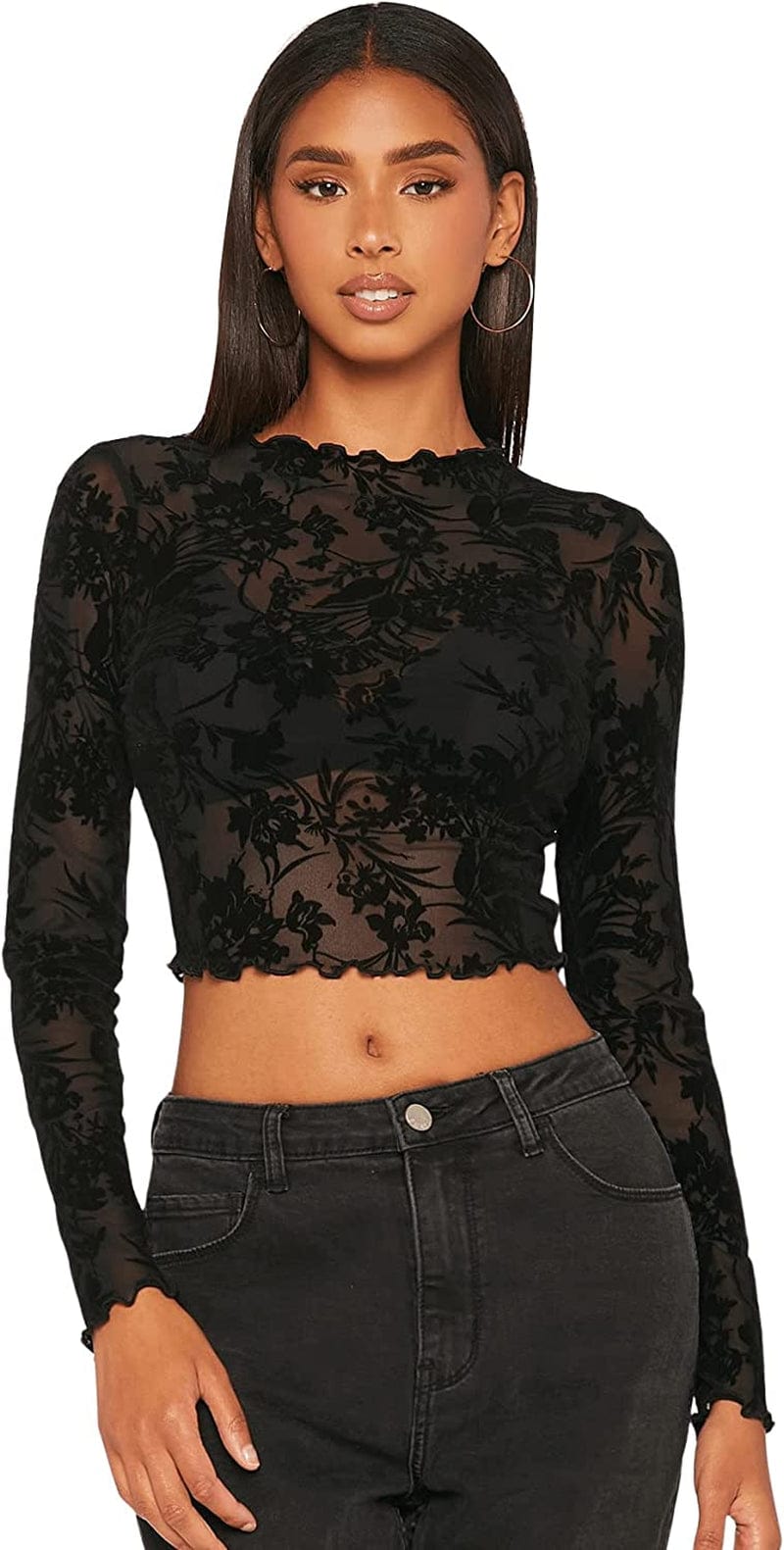 Sweatyrocks Women'S Long Sleeve Mock Neck Angel Print Sexy Sheer Mesh Crop Top Black Floral / X-Small
