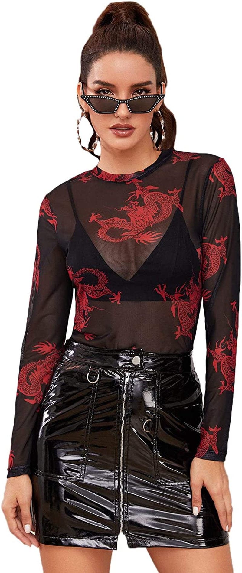 Sweatyrocks Women'S Long Sleeve Mock Neck Angel Print Sexy Sheer Mesh Crop Top Red-dragon / X-Small