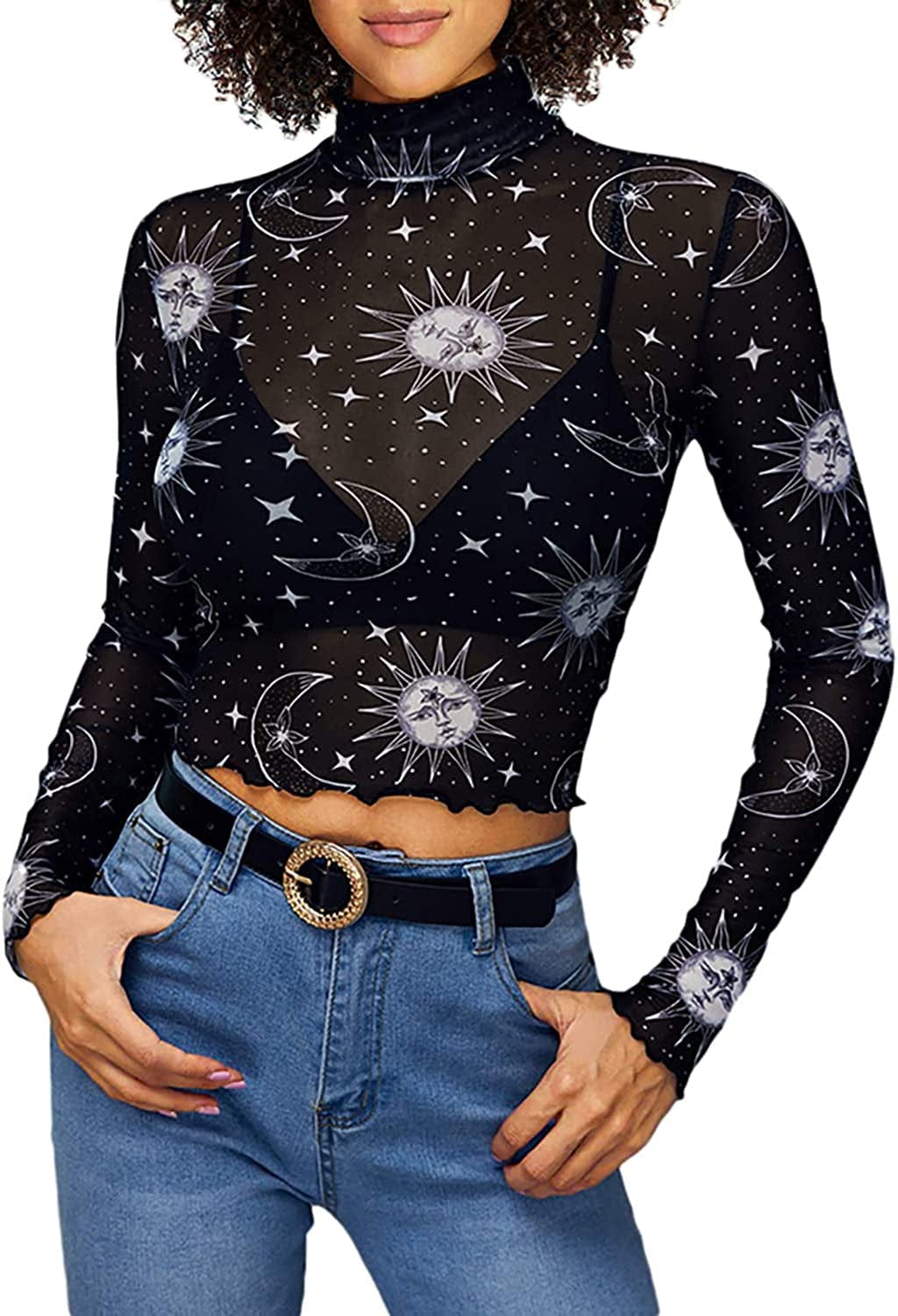 Sweatyrocks Women'S Long Sleeve Mock Neck Angel Print Sexy Sheer Mesh Crop Top Black Galaxy Print / X-Small