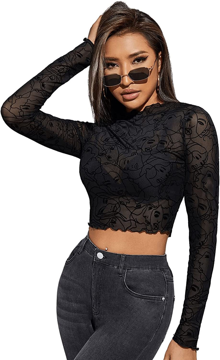 Sweatyrocks Women'S Long Sleeve Mock Neck Angel Print Sexy Sheer Mesh Crop Top Black Figure / X-Small