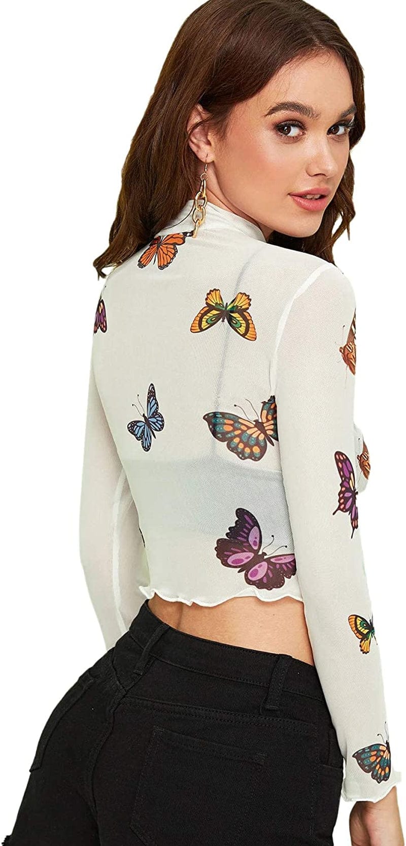 Sweatyrocks Women'S Long Sleeve Mock Neck Angel Print Sexy Sheer Mesh Crop Top