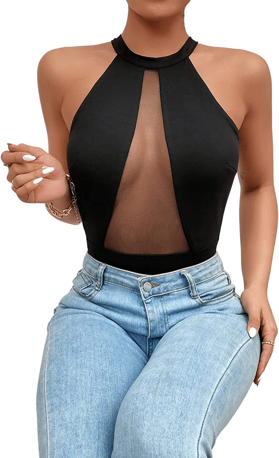 Sweatyrocks Women'S Sleeveless Scoop Neck High Cut Skinny Mesh Tank Top Bodysuit