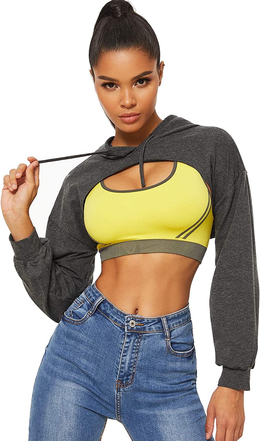 Sweatyrocks Women'S Solid Black Long Sleeve Pullover Crop Top Hoodie Deep Grey / Medium