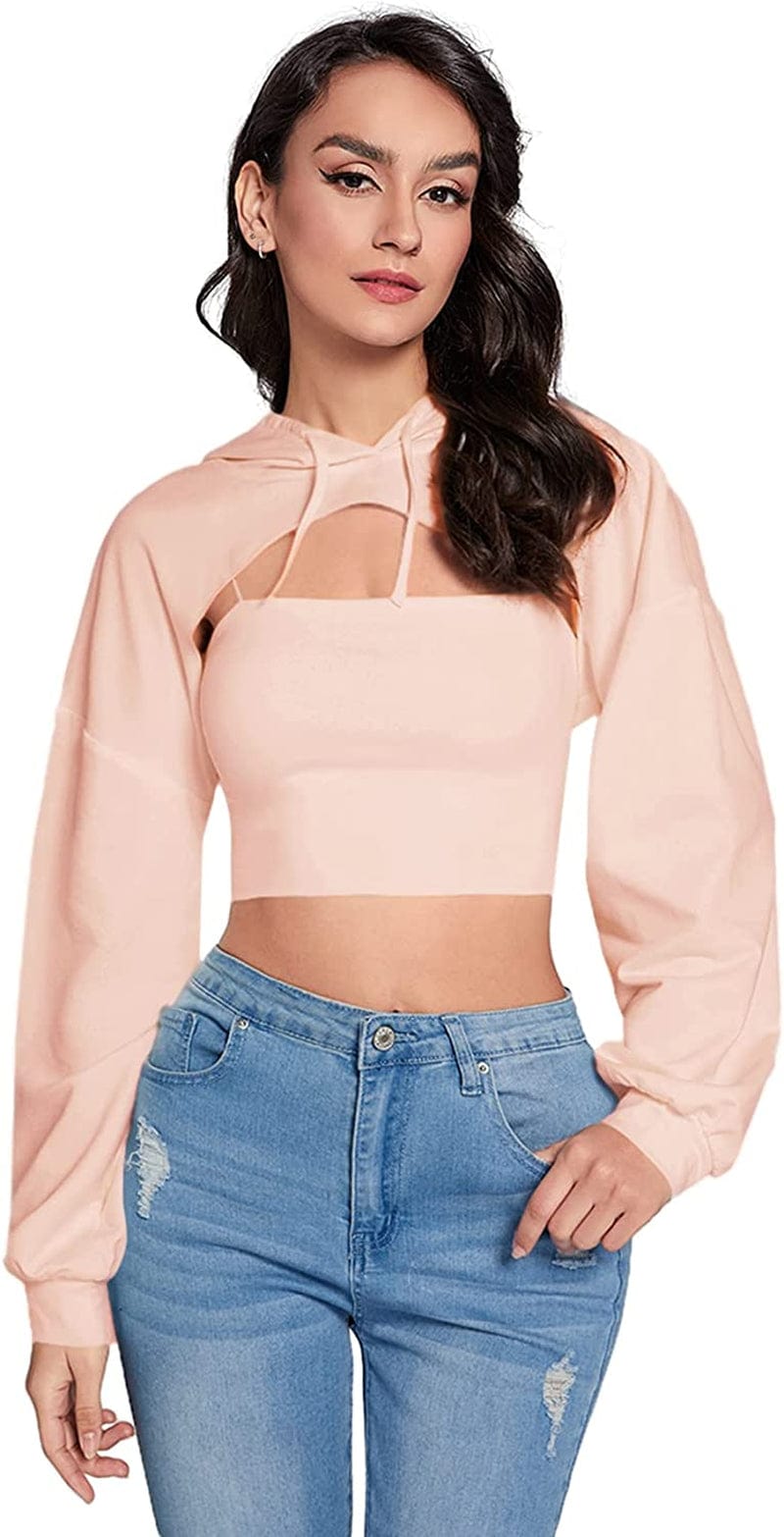 Sweatyrocks Women'S Solid Black Long Sleeve Pullover Crop Top Hoodie Light Pink / Medium