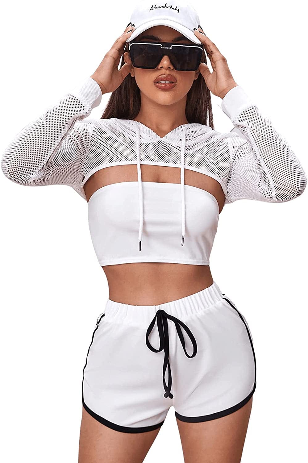 Sweatyrocks Women'S Solid Black Long Sleeve Pullover Crop Top Hoodie Fishnet White / Medium