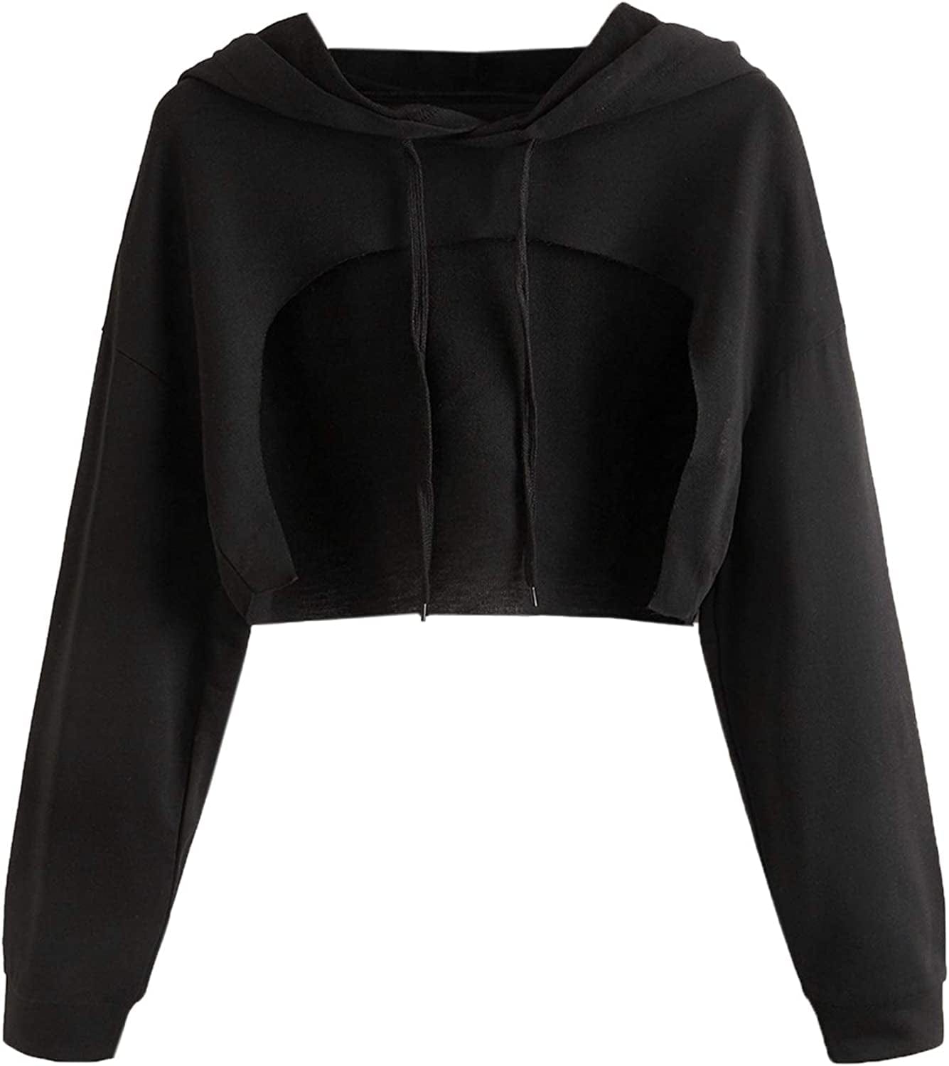 Sweatyrocks Women'S Solid Black Long Sleeve Pullover Crop Top Hoodie Pure Black / Medium