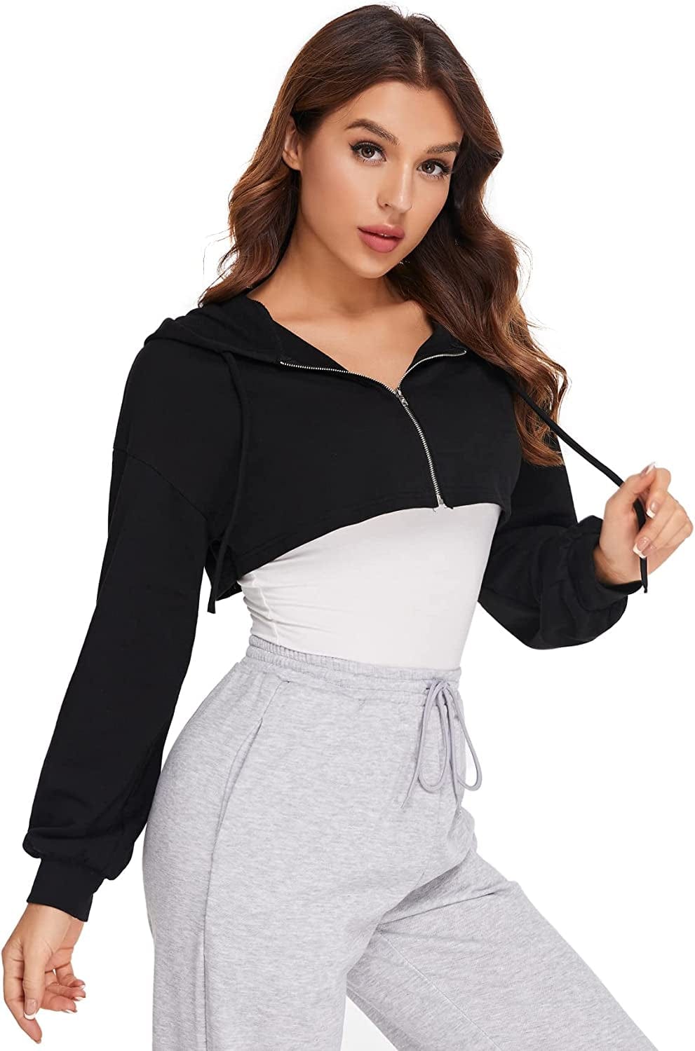 Sweatyrocks Women'S Solid Black Long Sleeve Pullover Crop Top Hoodie Zipper Black / Large