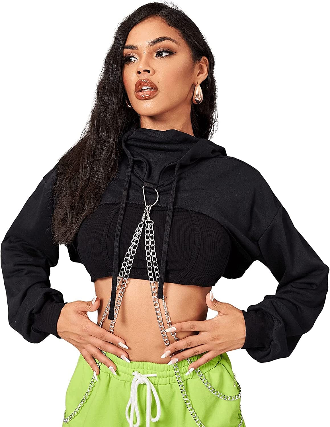 Sweatyrocks Women'S Solid Black Long Sleeve Pullover Crop Top Hoodie Chain Black / Medium