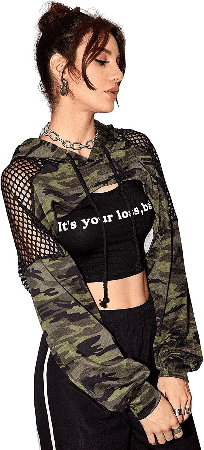 Sweatyrocks Women'S Solid Black Long Sleeve Pullover Crop Top Hoodie Camo / Medium