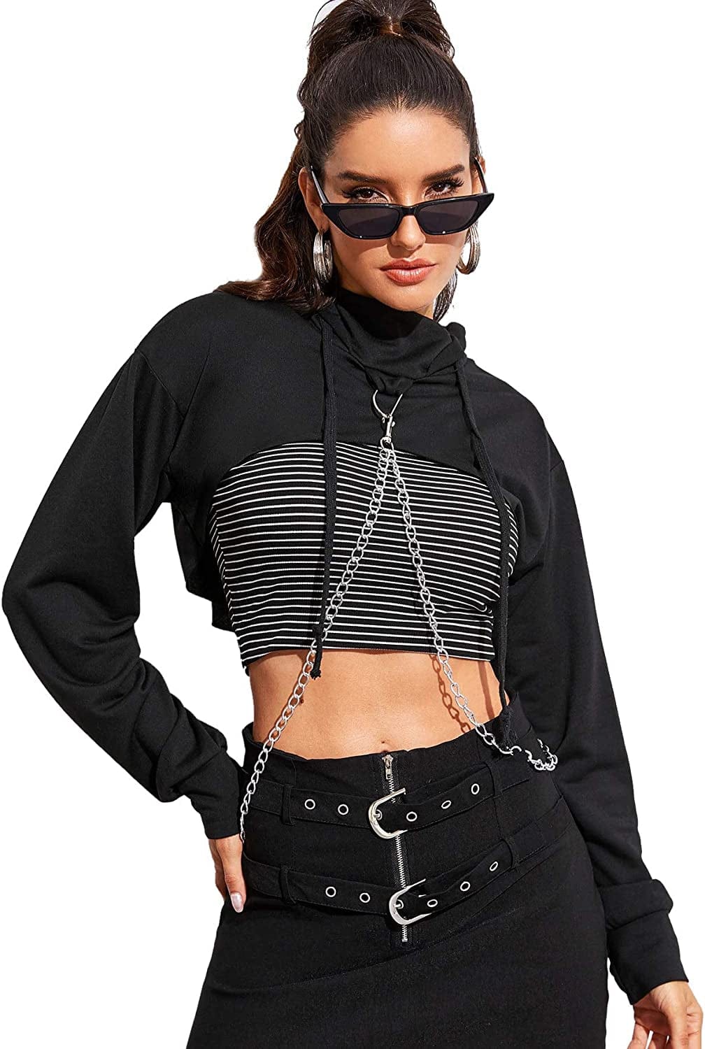 Sweatyrocks Women'S Solid Black Long Sleeve Pullover Crop Top Hoodie 1-black / Small