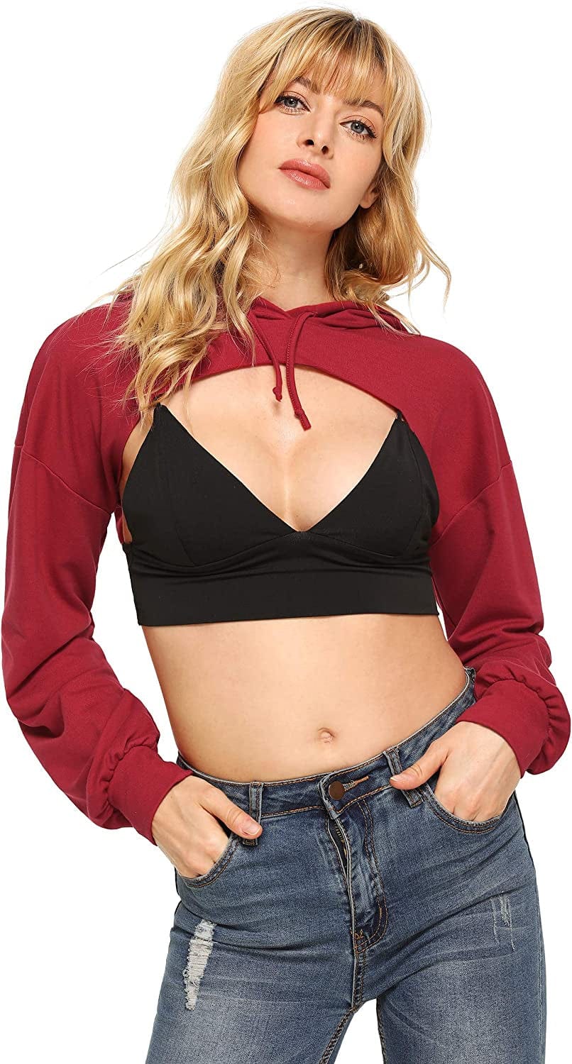 Sweatyrocks Women'S Solid Black Long Sleeve Pullover Crop Top Hoodie Wine / Medium