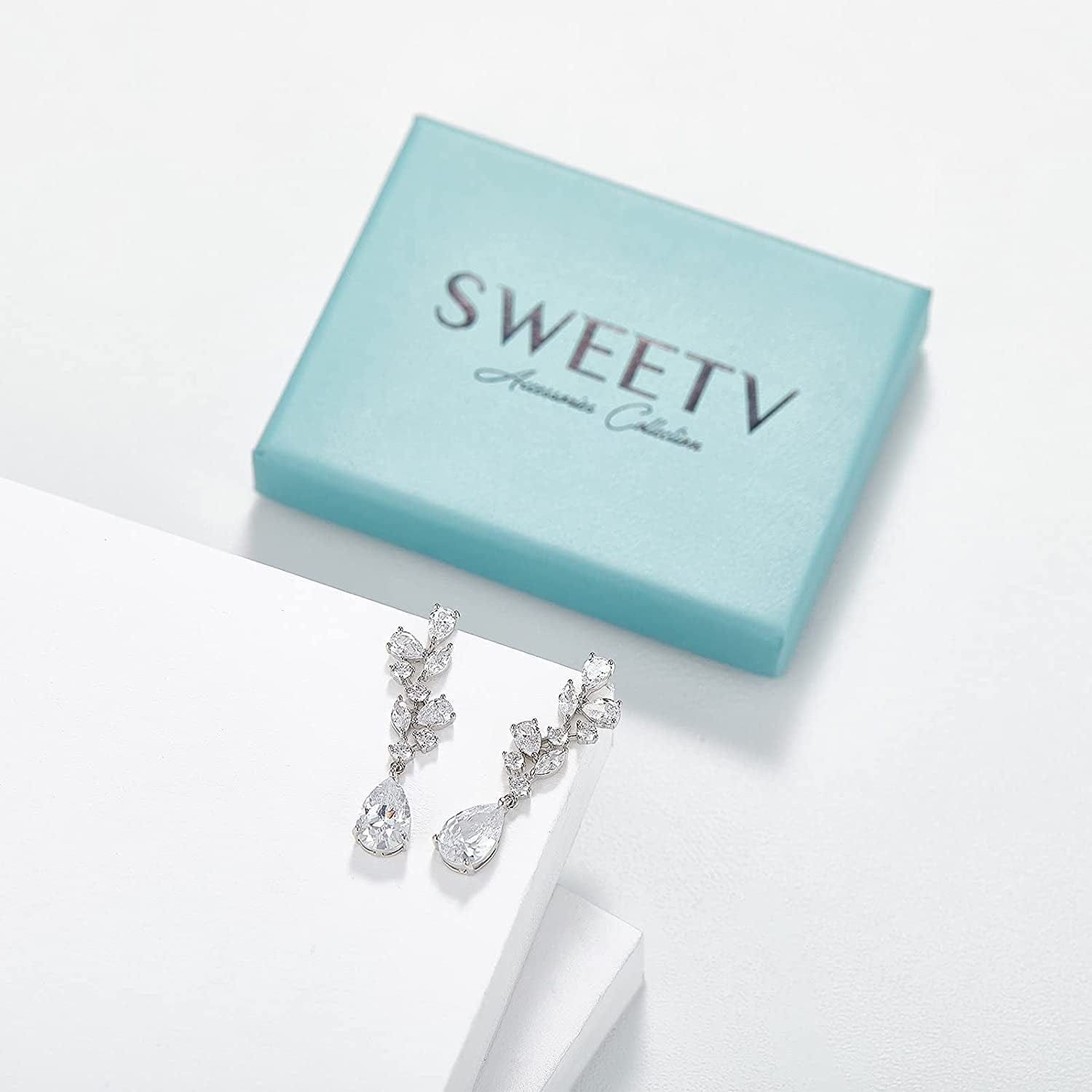 SWEEETV Bridal Wedding Earrings for Brides Bridesmaides-Marquise Teardrop Earrings for Women, Cubic Zirconia Drop and Dangle Earrings for Prom or Pageant,Jewelry