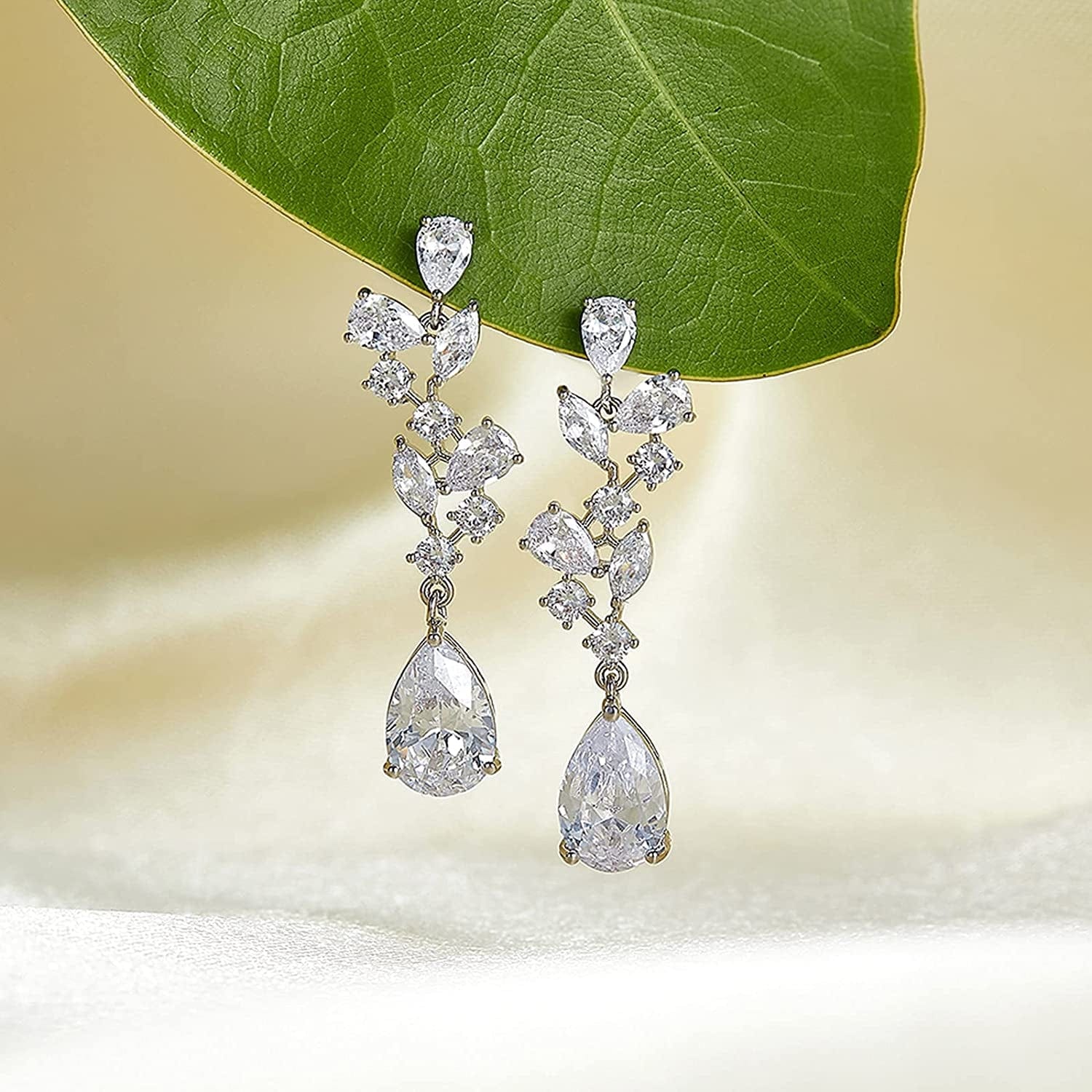 SWEEETV Bridal Wedding Earrings for Brides Bridesmaides-Marquise Teardrop Earrings for Women, Cubic Zirconia Drop and Dangle Earrings for Prom or Pageant,Jewelry