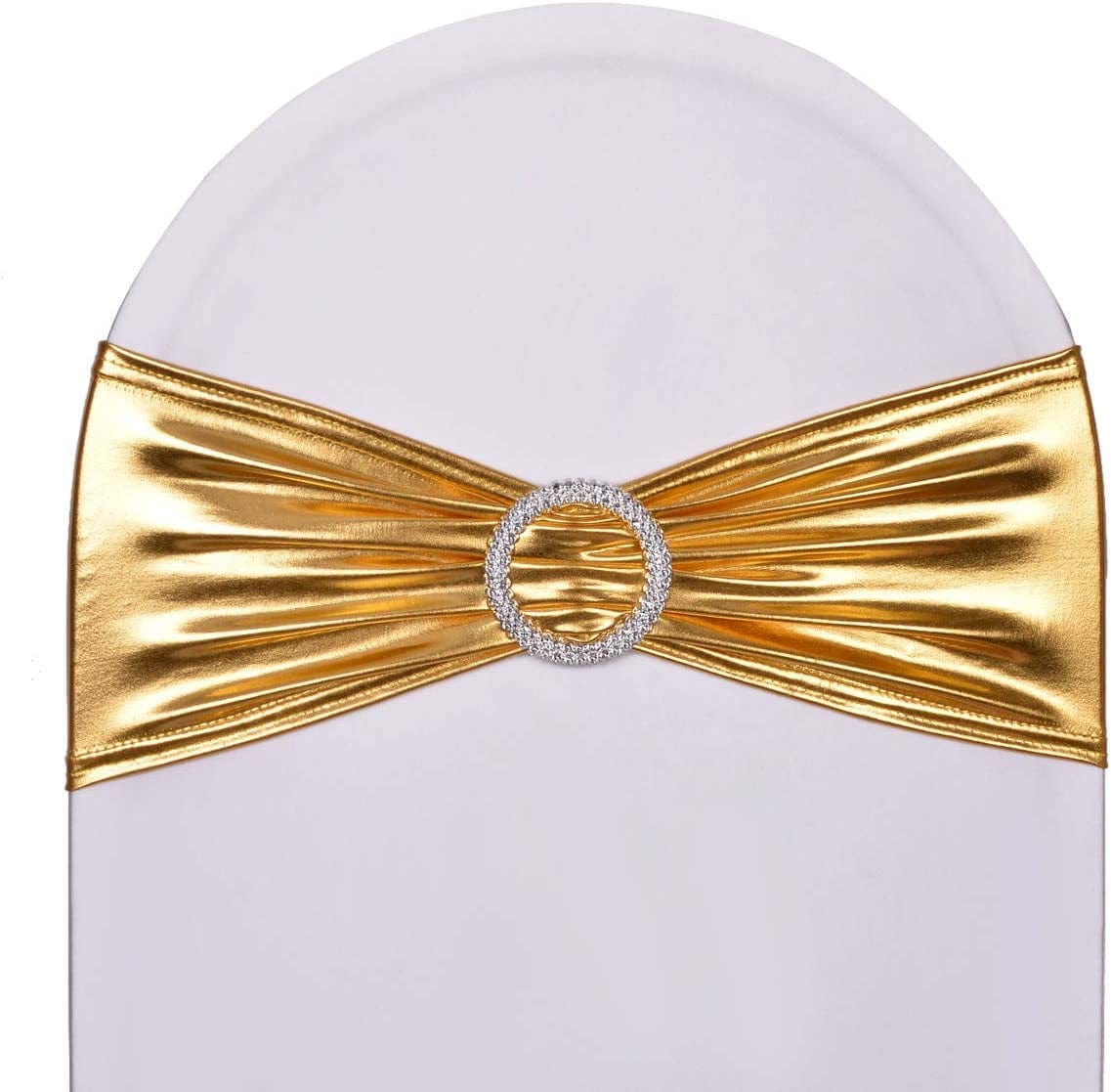 Sweeteasy 50Pcs Metallic Silver Spandex Chair Sashes, Durable Workmanship,Stretch Bows with Buckle Stretchable for Christmas Wedding Party Banquet Event Baby Shower Birthday Celebration Decoration Apparel & Accessories > Clothing Accessories > Sashes SweetEasy Metallic Golden 50PCS