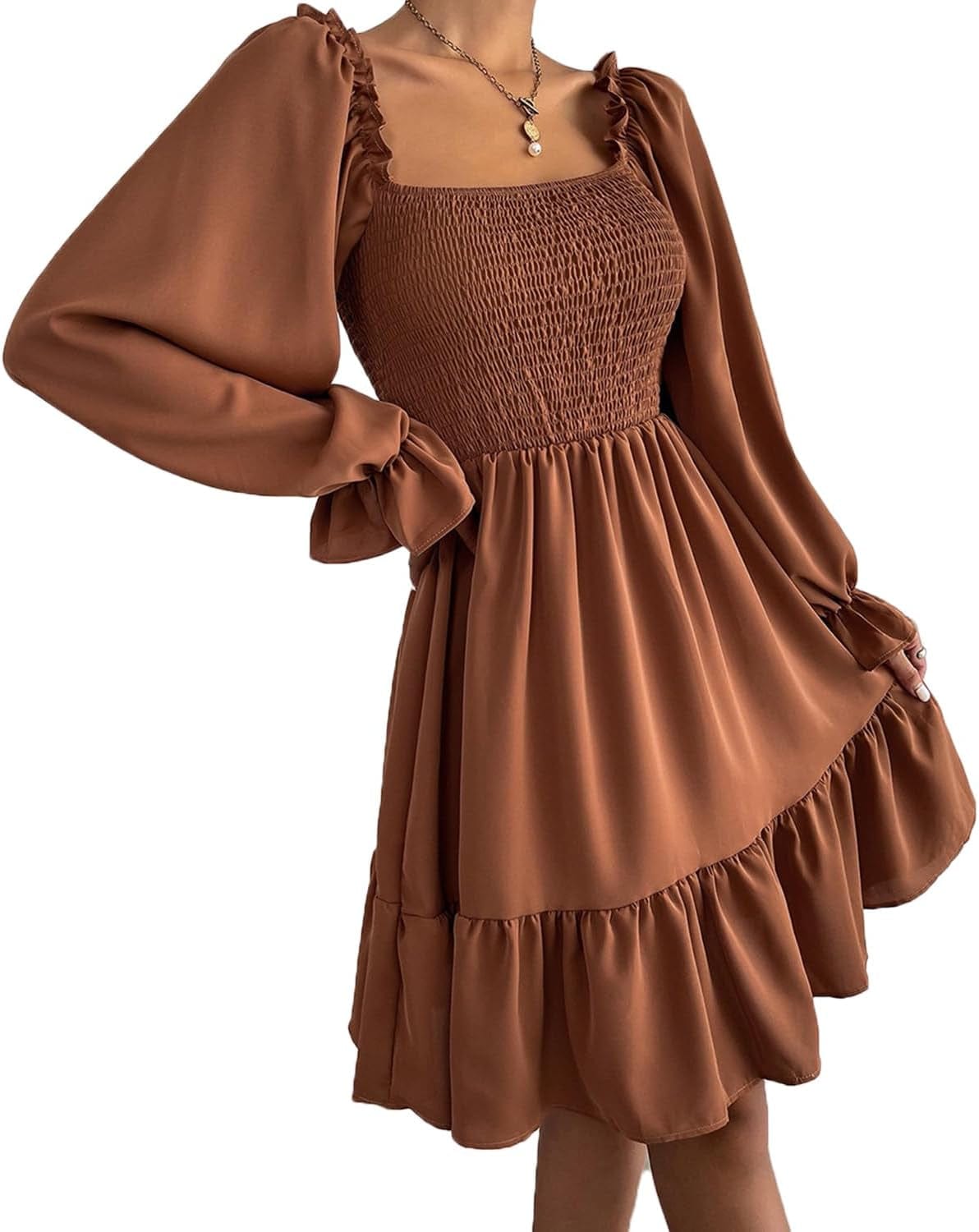 TAMEYA Long Sleeve Mini Dress for Women, Casual Smocked Fall Dresses, Square Neck Ruffle Hem A-Line Short Babydoll Dress Brown / Small