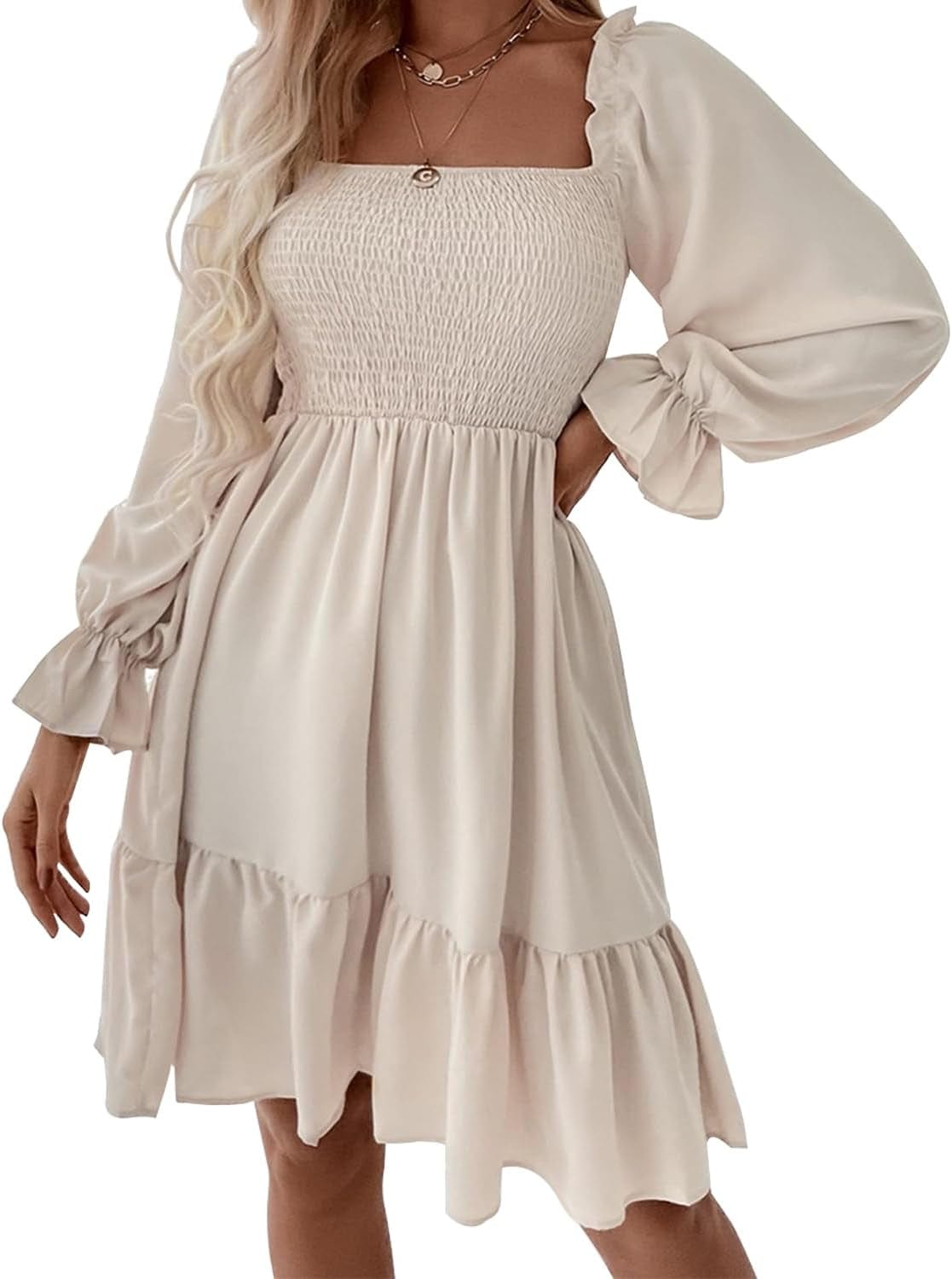 TAMEYA Long Sleeve Mini Dress for Women, Casual Smocked Fall Dresses, Square Neck Ruffle Hem A-Line Short Babydoll Dress Beige / Xx-Large