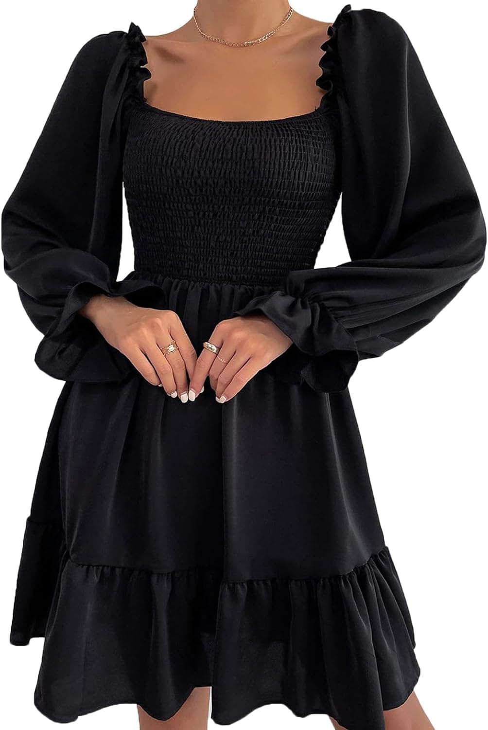 TAMEYA Long Sleeve Mini Dress for Women, Casual Smocked Fall Dresses, Square Neck Ruffle Hem A-Line Short Babydoll Dress Black / Small