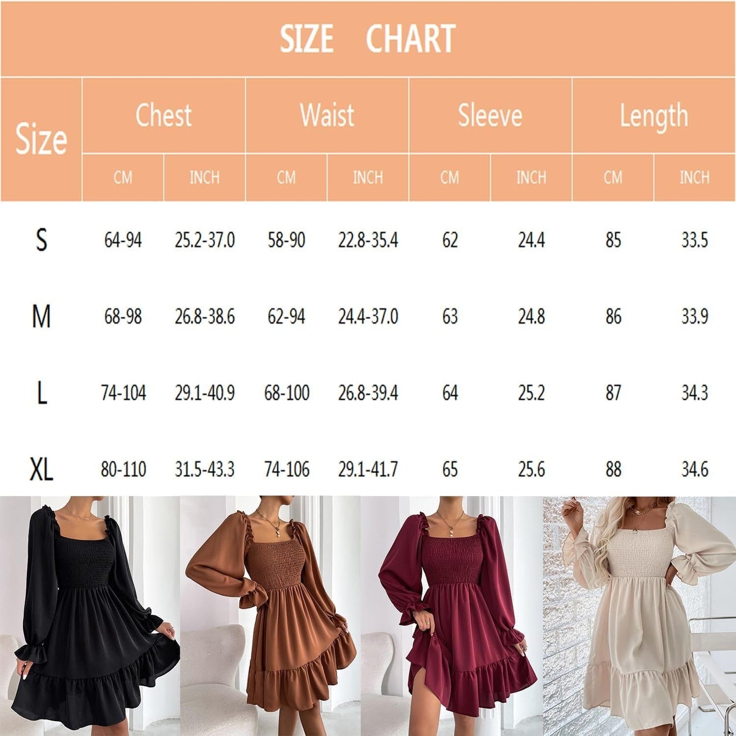 TAMEYA Long Sleeve Mini Dress for Women, Casual Smocked Fall Dresses, Square Neck Ruffle Hem A-Line Short Babydoll Dress