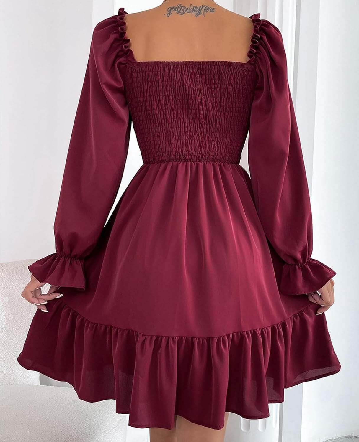 TAMEYA Long Sleeve Mini Dress for Women, Casual Smocked Fall Dresses, Square Neck Ruffle Hem A-Line Short Babydoll Dress