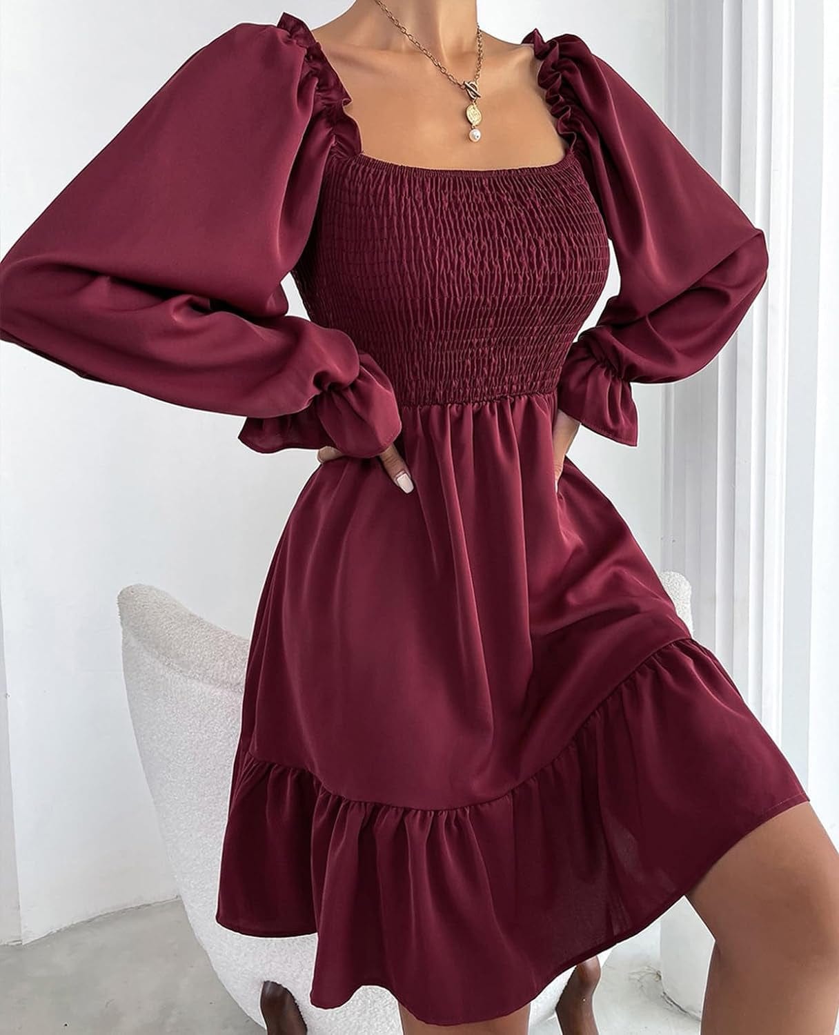 TAMEYA Long Sleeve Mini Dress for Women, Casual Smocked Fall Dresses, Square Neck Ruffle Hem A-Line Short Babydoll Dress