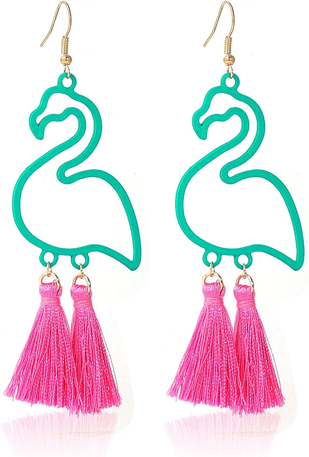Tassel Pink Flamingo Exaggerated Long Dangle Earrings Retro Creative Hollow Fashion Cute Animal Bird Drop Earrings Boho Trendy Elegant Handmade Flamingo Shape Jewelry for Women Girls B