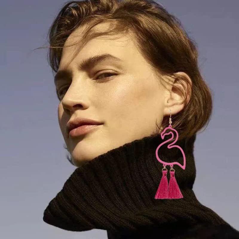 Tassel Pink Flamingo Exaggerated Long Dangle Earrings Retro Creative Hollow Fashion Cute Animal Bird Drop Earrings Boho Trendy Elegant Handmade Flamingo Shape Jewelry for Women Girls