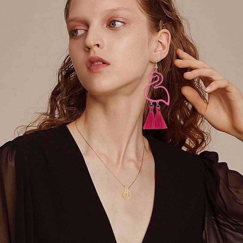 Tassel Pink Flamingo Exaggerated Long Dangle Earrings Retro Creative Hollow Fashion Cute Animal Bird Drop Earrings Boho Trendy Elegant Handmade Flamingo Shape Jewelry for Women Girls