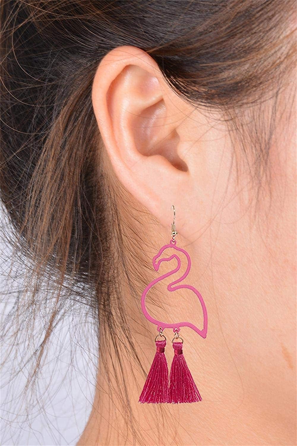 Tassel Pink Flamingo Exaggerated Long Dangle Earrings Retro Creative Hollow Fashion Cute Animal Bird Drop Earrings Boho Trendy Elegant Handmade Flamingo Shape Jewelry for Women Girls
