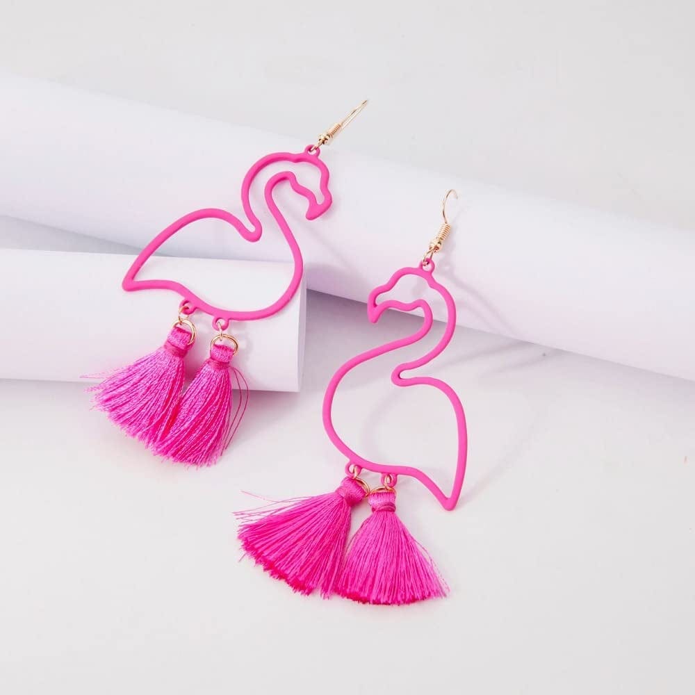 Tassel Pink Flamingo Exaggerated Long Dangle Earrings Retro Creative Hollow Fashion Cute Animal Bird Drop Earrings Boho Trendy Elegant Handmade Flamingo Shape Jewelry for Women Girls