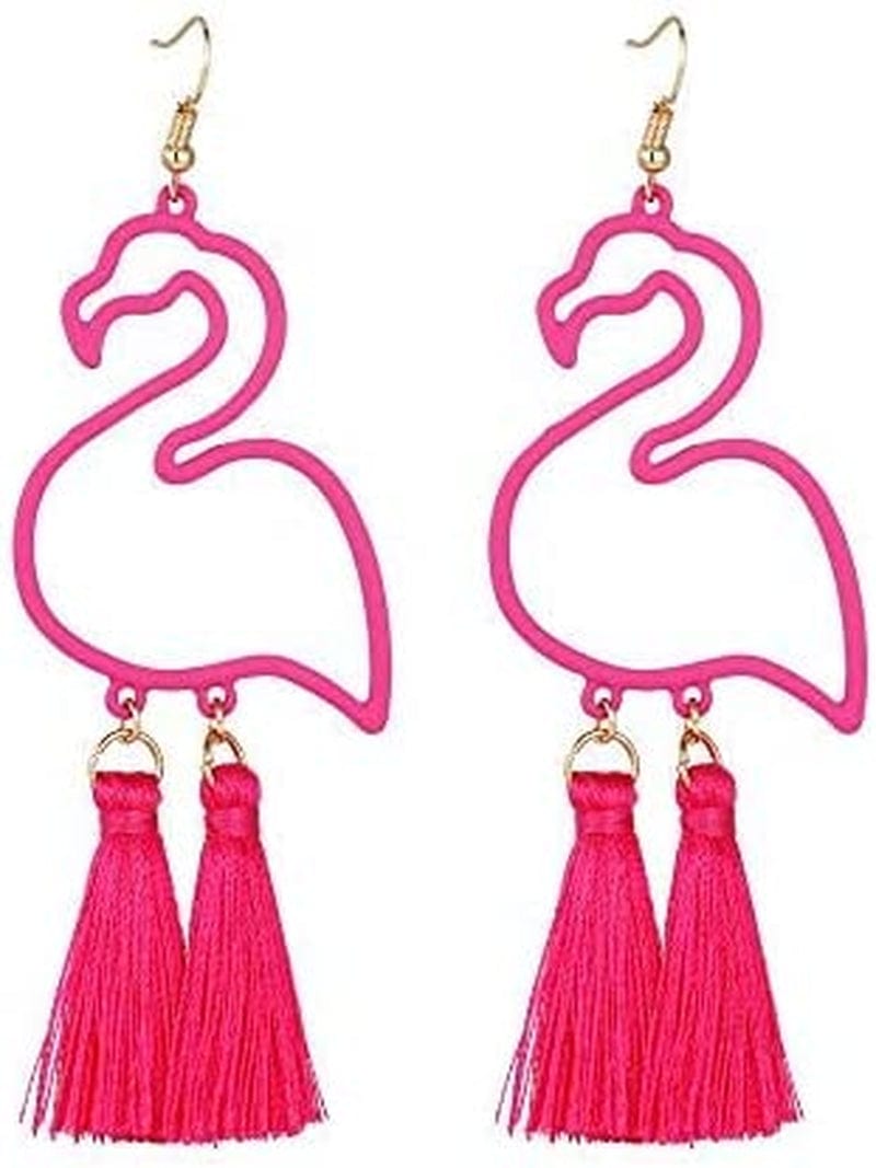 Tassel Pink Flamingo Exaggerated Long Dangle Earrings Retro Creative Hollow Fashion Cute Animal Bird Drop Earrings Boho Trendy Elegant Handmade Flamingo Shape Jewelry for Women Girls A