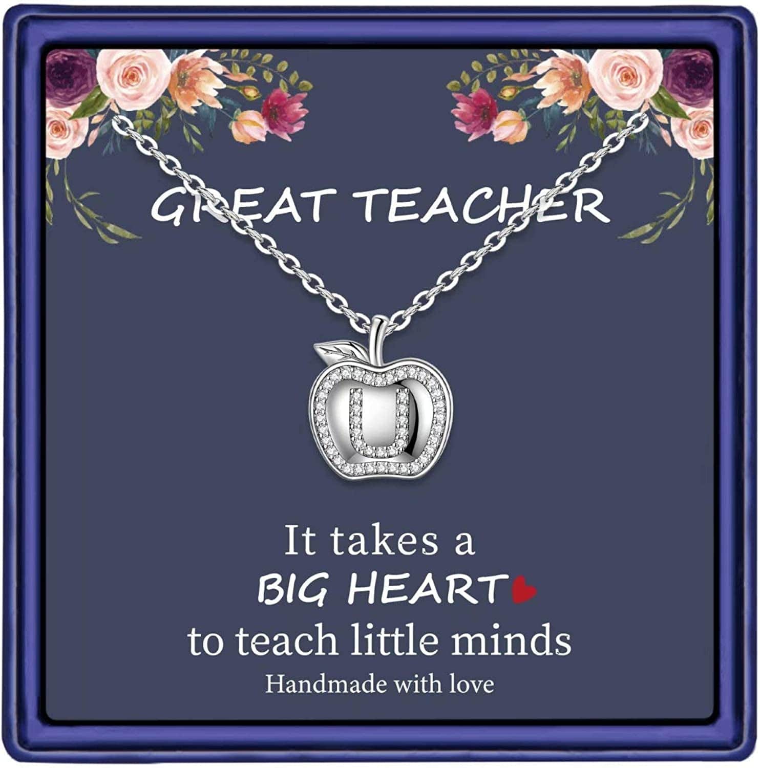 Teacher Gifts for Women Necklace, White Gold Plated Dainty Apple Necklace for Teacher Christmas Gifts Best Teacher Necklace Jewelry Thanksgiving Teacher Apprecaition Gifts from Student U