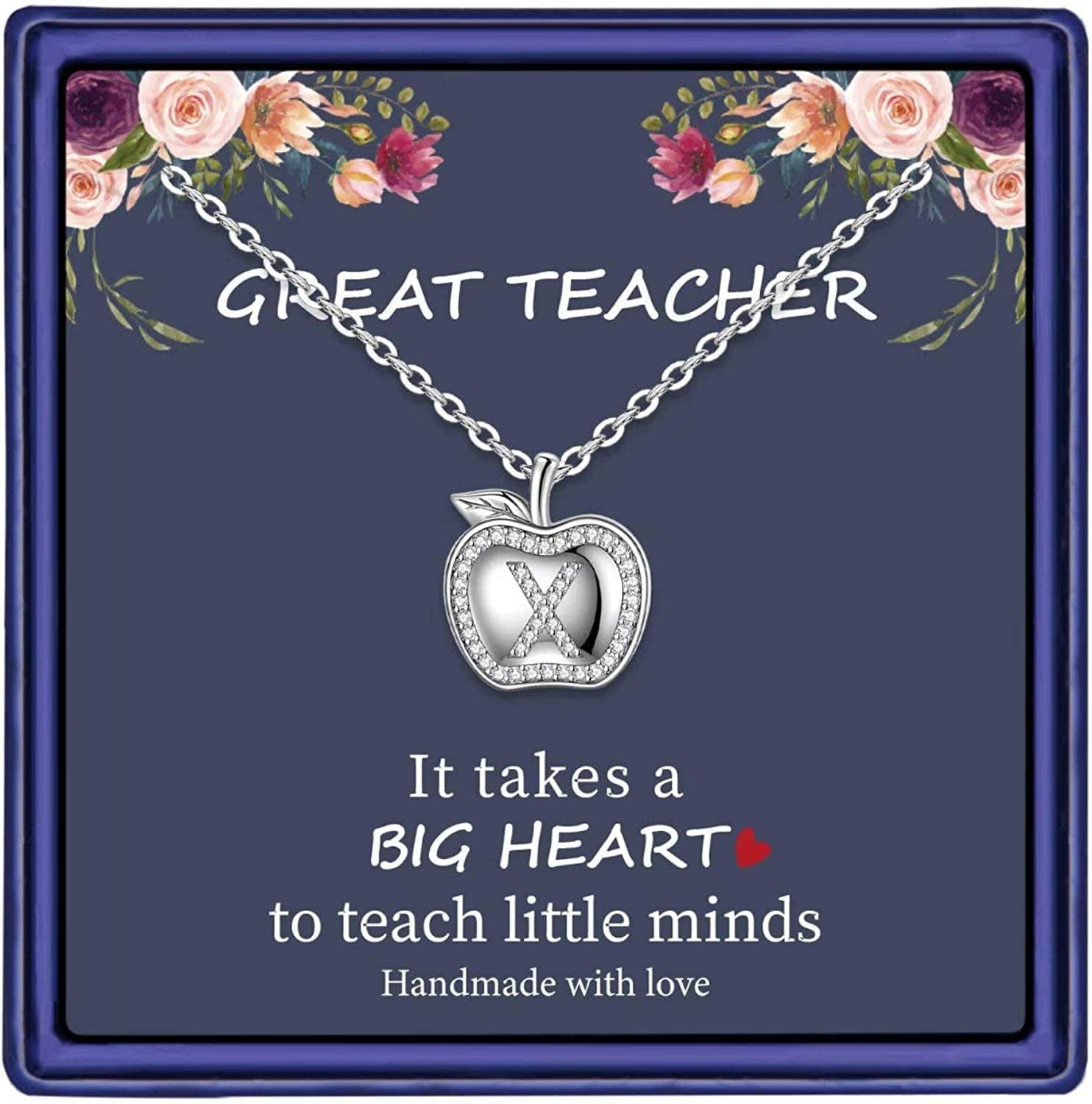 Teacher Gifts for Women Necklace, White Gold Plated Dainty Apple Necklace for Teacher Christmas Gifts Best Teacher Necklace Jewelry Thanksgiving Teacher Apprecaition Gifts from Student X