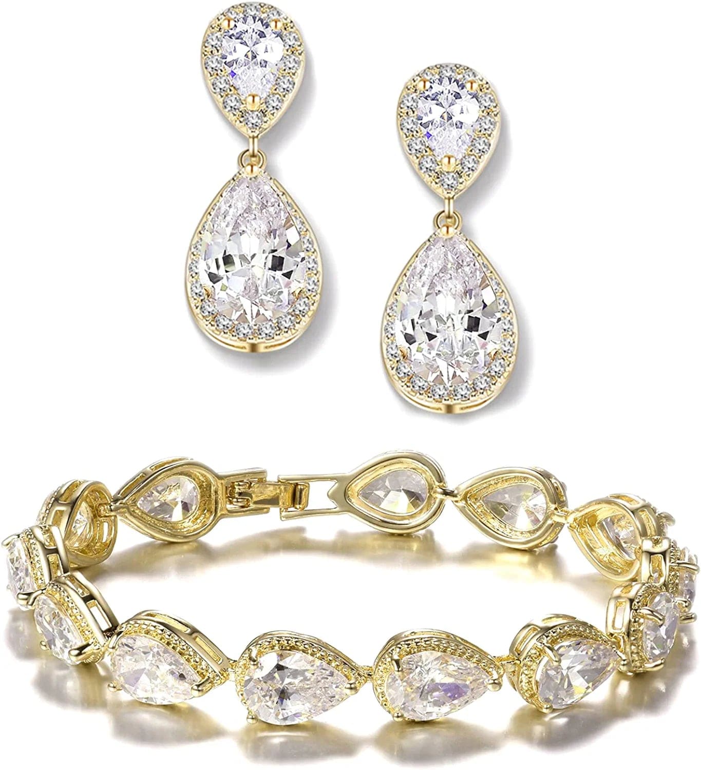 Teardrop Dangle Earrings Bracelet Bridesmaid Jewelry Set Bridal Wedding Party Prom Gifts 18K Gold
