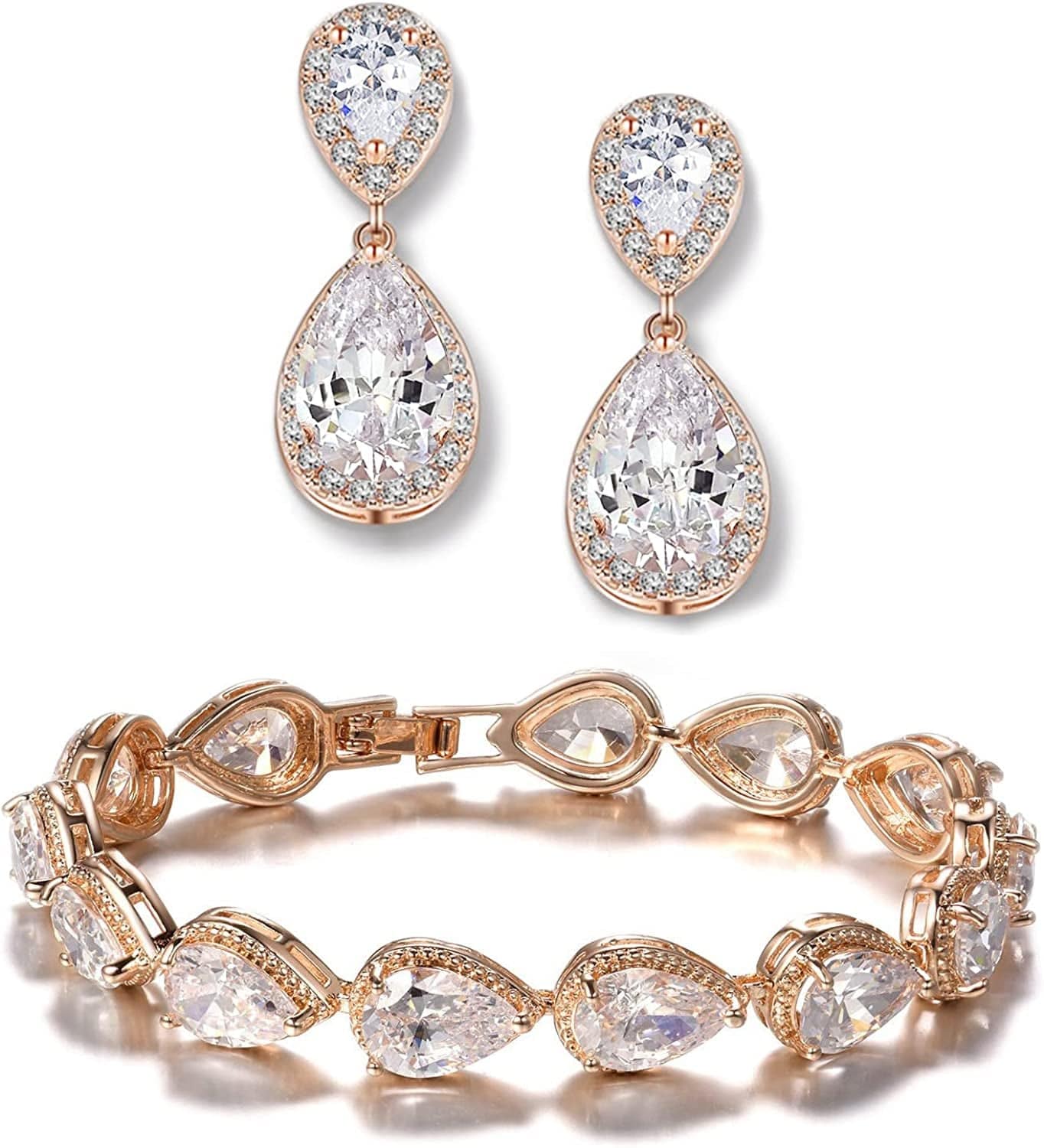 Teardrop Dangle Earrings Bracelet Bridesmaid Jewelry Set Bridal Wedding Party Prom Gifts Rose Gold